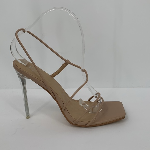 Halston Wizards strappy stiletto heel nude tan clear acrylic square toe shoe 7.5 - Picture 1 of 6